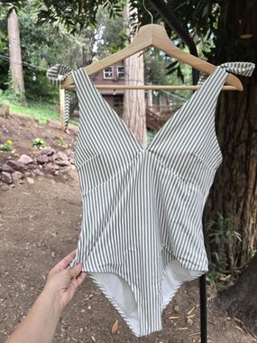 H&M Green And White Striped Tie-Shoulder One-Piece Swimsuit Size Medium